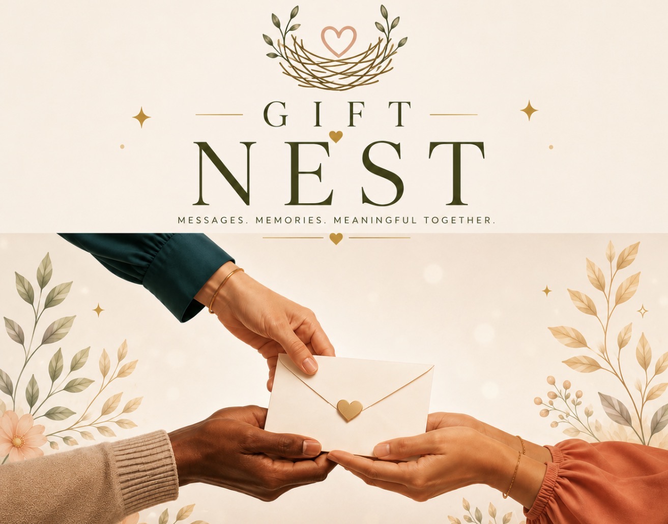 Gift Nest — messages, memories, meaningful together — above three hands sharing a heartfelt envelope
